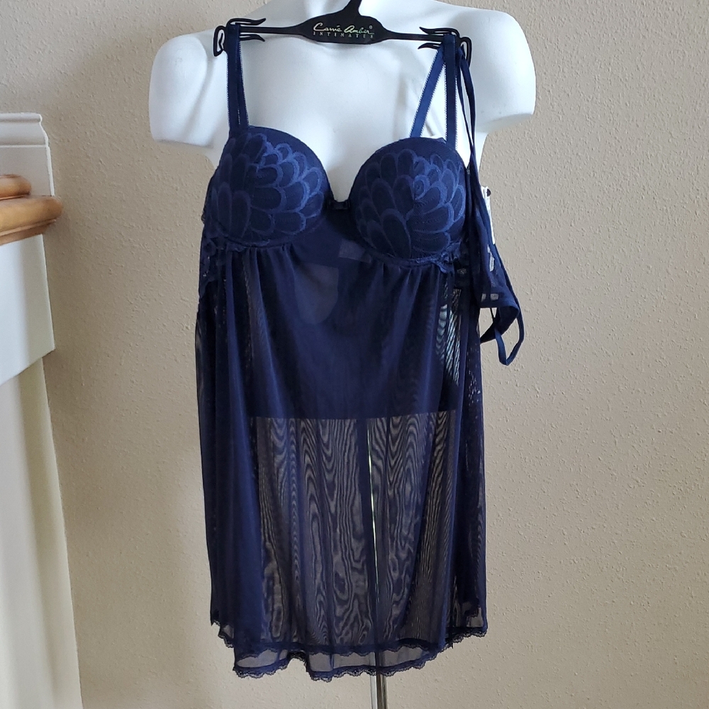 Carrie Amber Intimates Lace Sheer Babydoll & Thong Panty Set Size L 3X Navy NWT